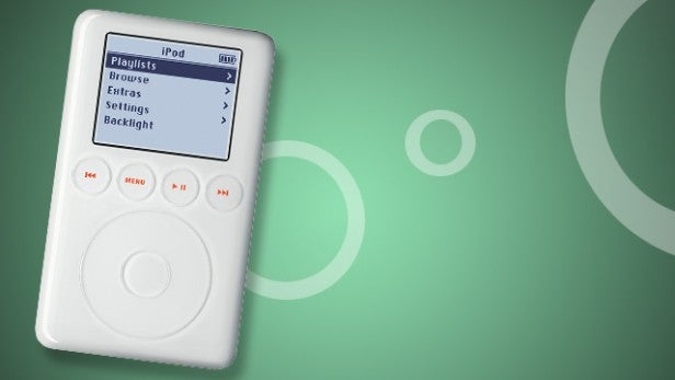 El Apple iPod de tercera generación sobre un fondo verde