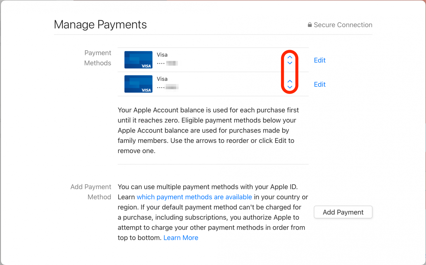 En la pantalla Administrar pagos, haga clic en las teclas de flecha para cambiar qué tarjeta de crédito está en la parte superior; esta es la que se usará de manera predeterminada.