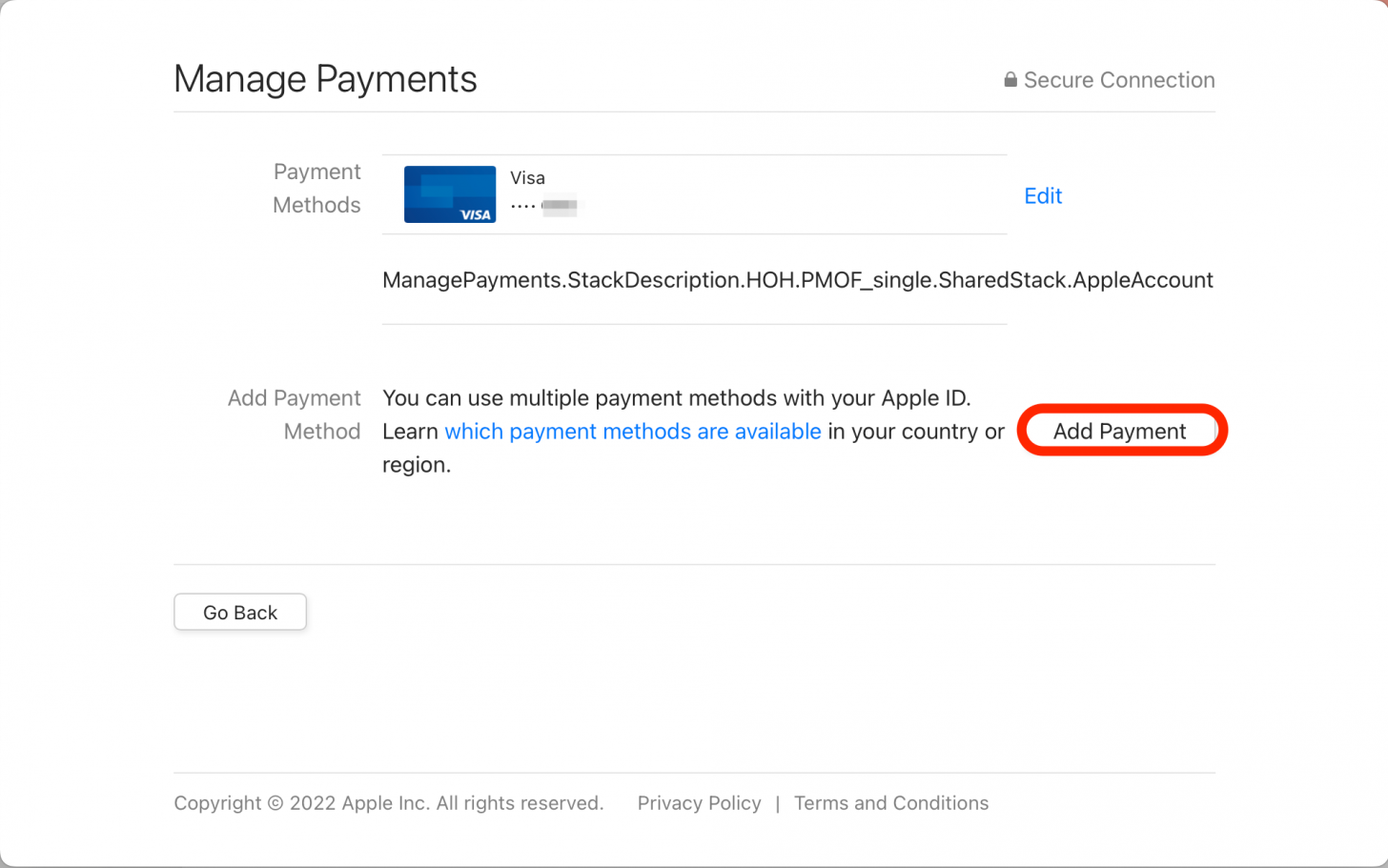 Haga clic en Agregar pago para agregar un nuevo método de pago de App Store. 