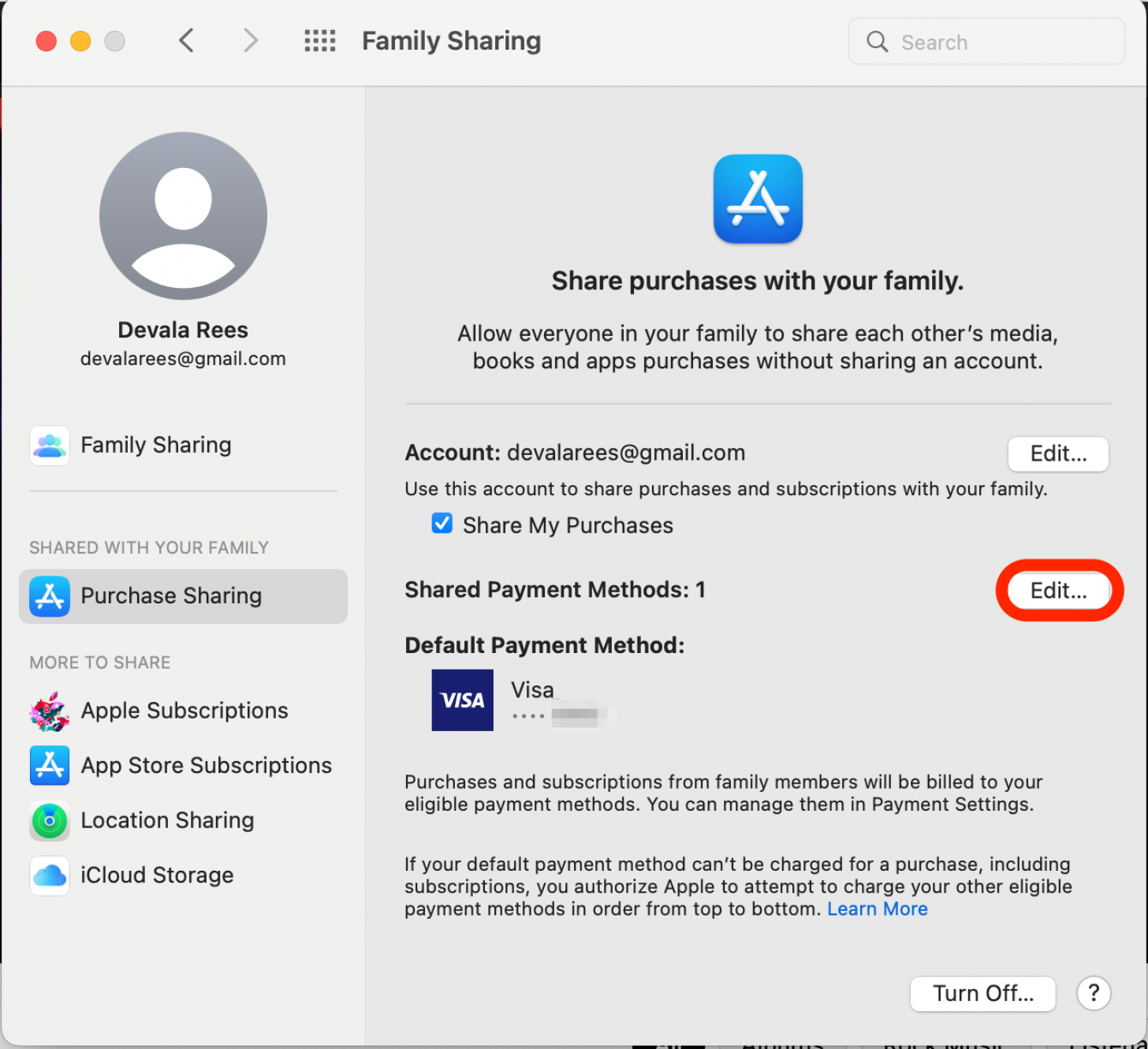Haga clic en el botón Editar junto a Métodos de pago compartidos.  Así es como se usa un método de pago diferente en Family Sharing. 
