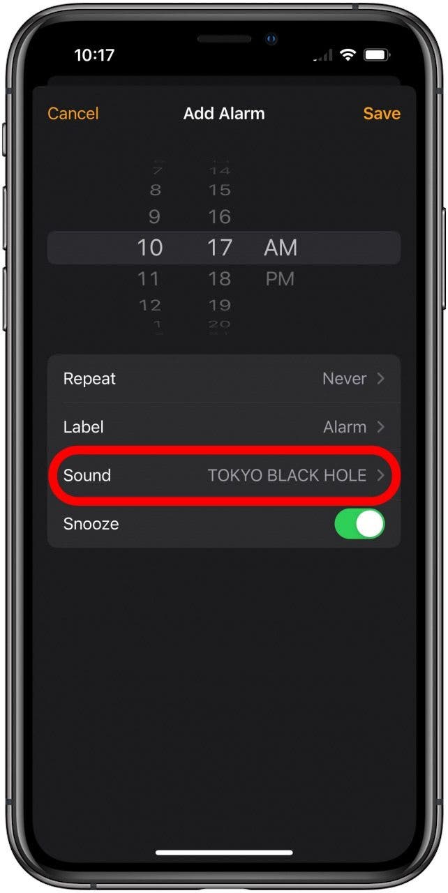 Aplicación Reloj Agregar pantalla de alarma con la opción Sonido marcada.