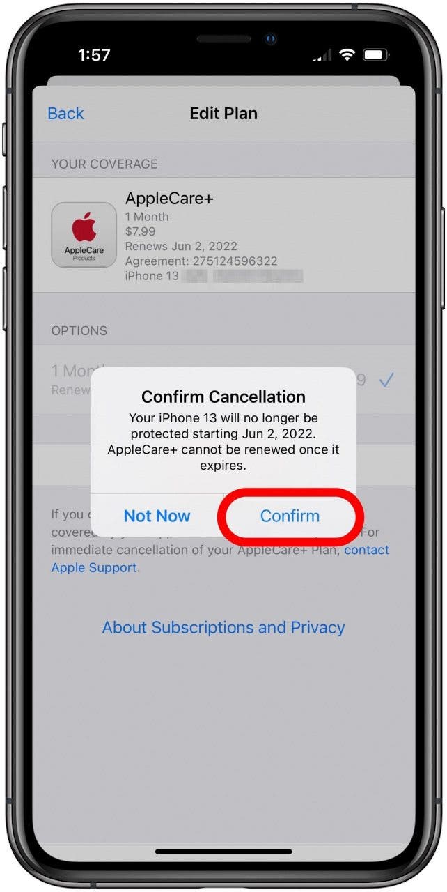 AppleCare+ Confirmar Mensaje de cancelación con Confirmar marcado.