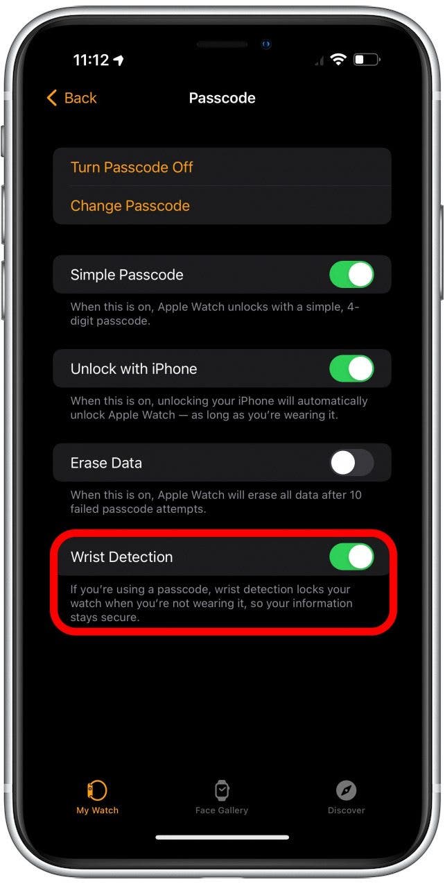 Verifique que la detección de muñeca esté habilitada en su Apple Watch
