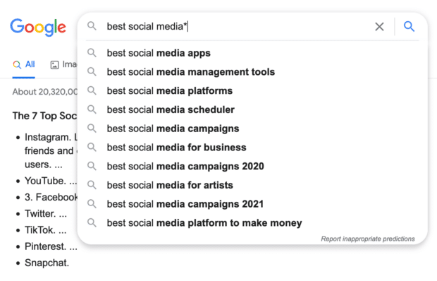 mejores redes sociales* comodín búsqueda en Google