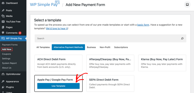 Seleccione la plantilla Apple Pay / Google Pay