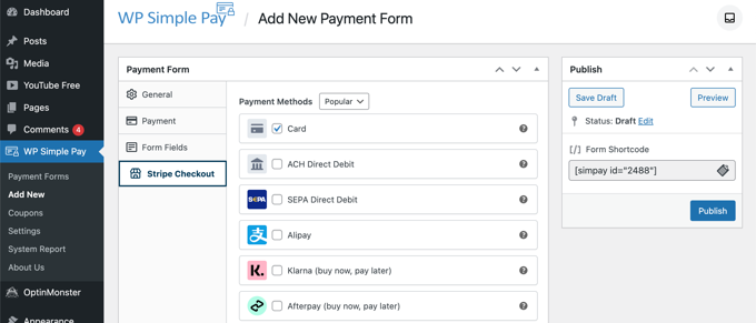 Seleccione cualquier método de pago adicional y modifique el formulario de pago