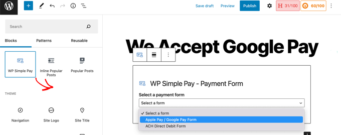 Inserte un bloque de pago simple de WP y elija la forma correcta