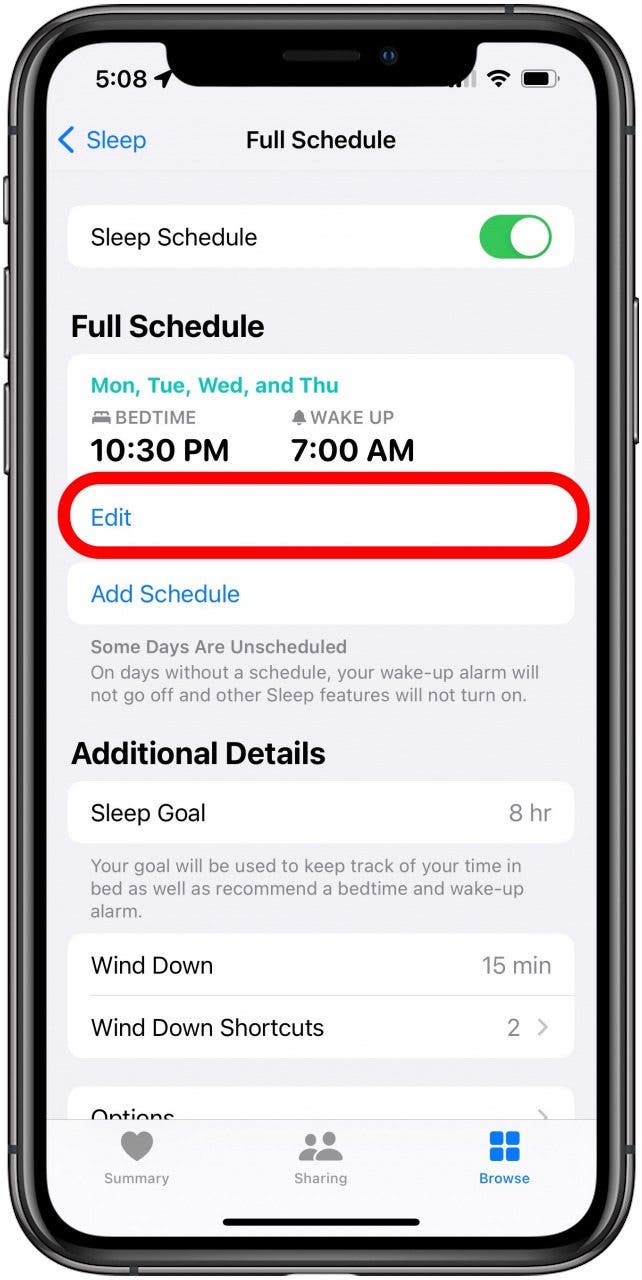 toque editar para cambiar la configuración de la hora de acostarse del iPhone
