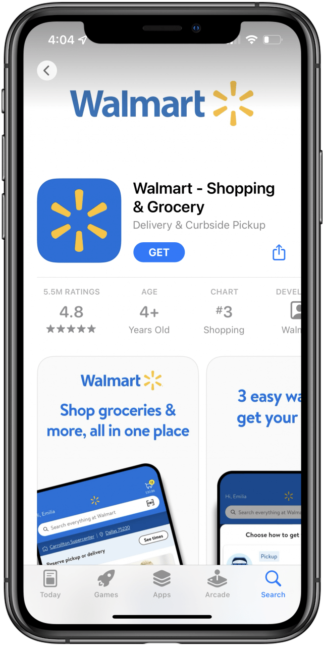 Pantalla de la tienda de aplicaciones que muestra la aplicación de Walmart.