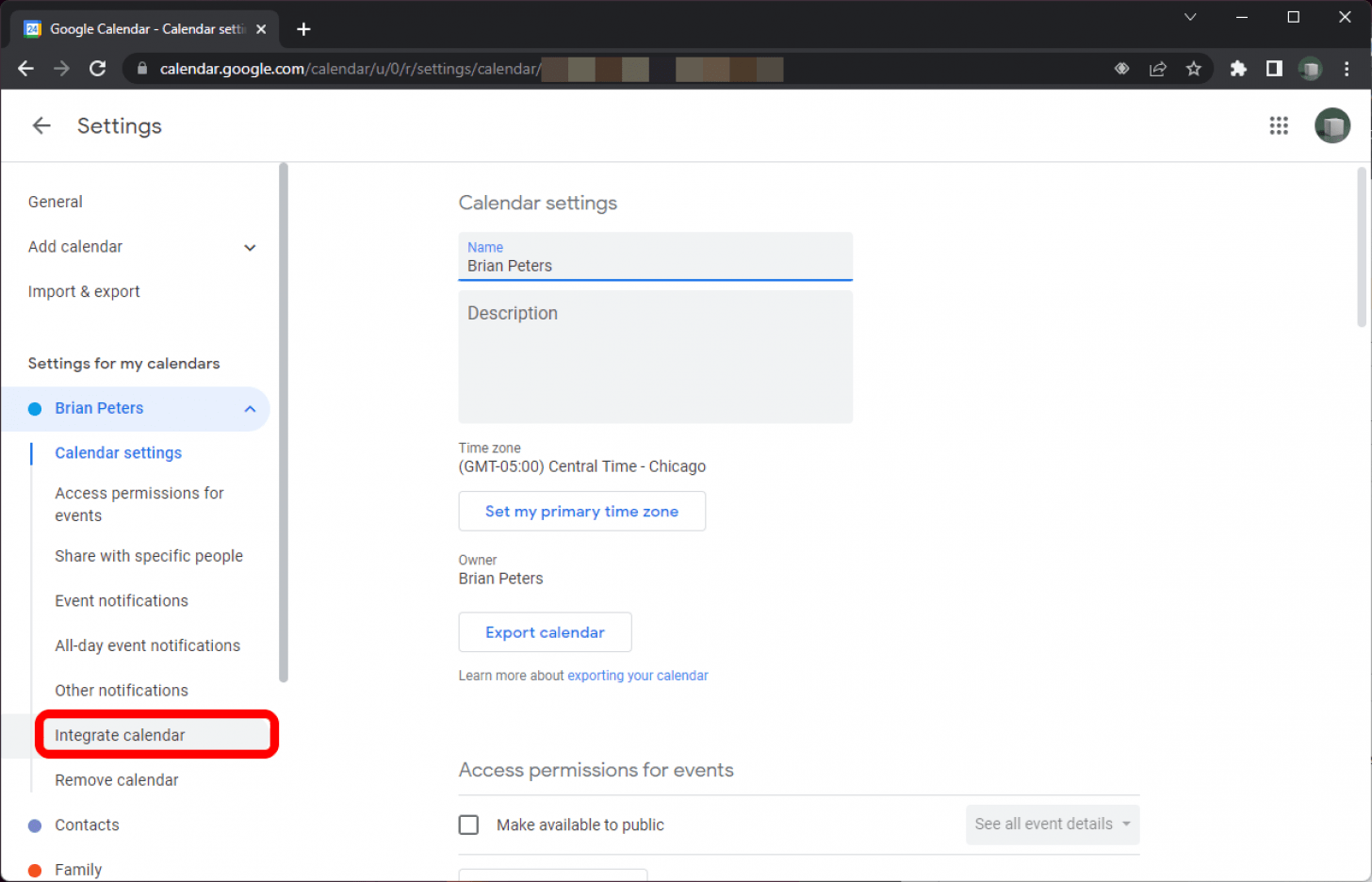 Google Calendar en Chrome en la pantalla de Configuración para un calendario específico con la opción Integrar marcada en la barra lateral.
