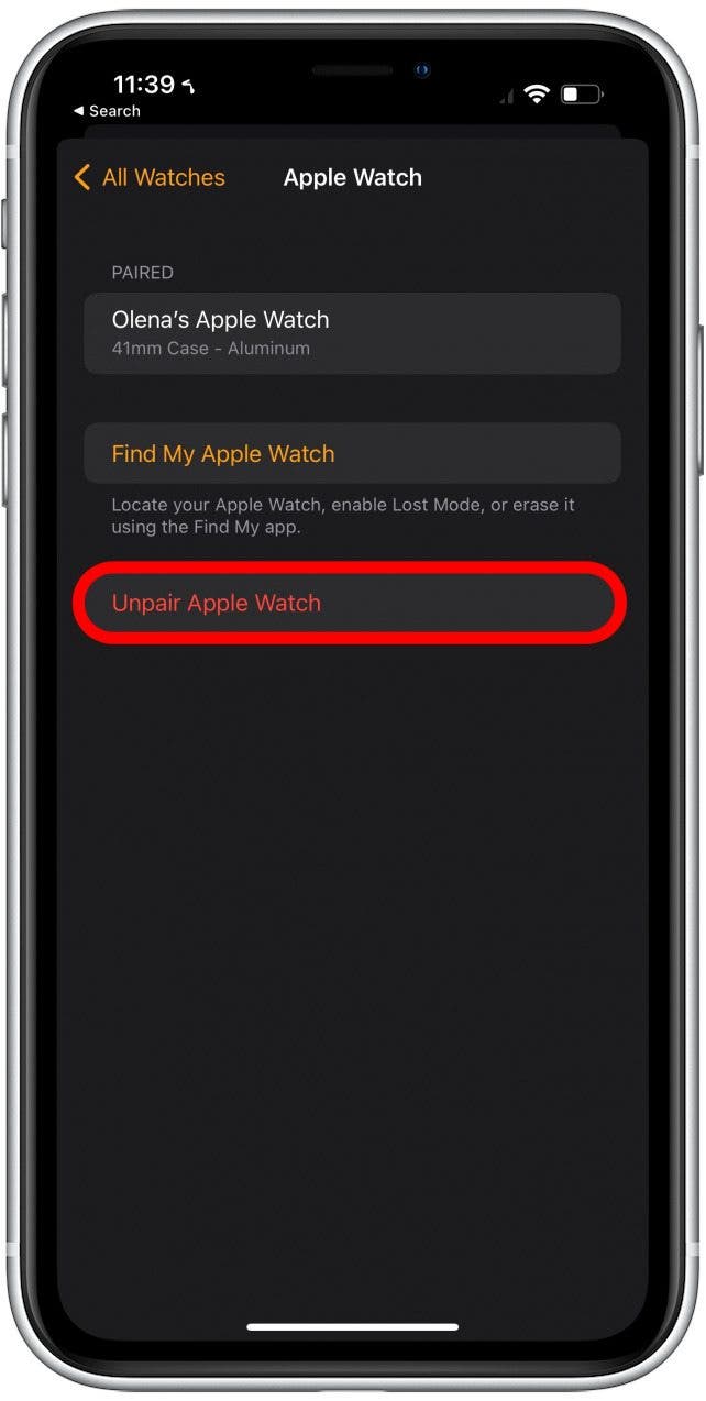 Toque Desvincular Apple Watch y siga las instrucciones en pantalla.