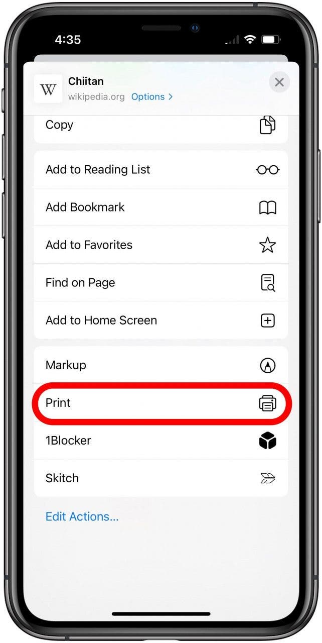 Hoja Compartir de Safari con la opción Imprimir marcada.