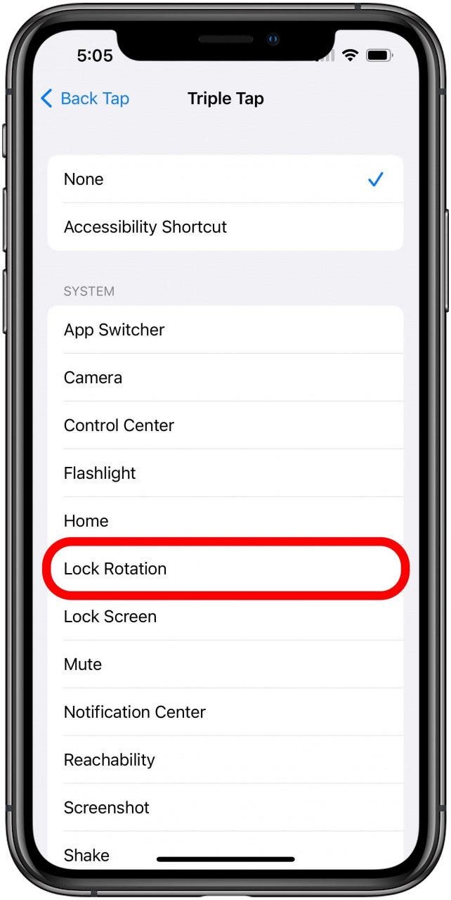 Opciones de Back Tap para la pantalla Triple Tap con la opción Lock Rotation marcada.