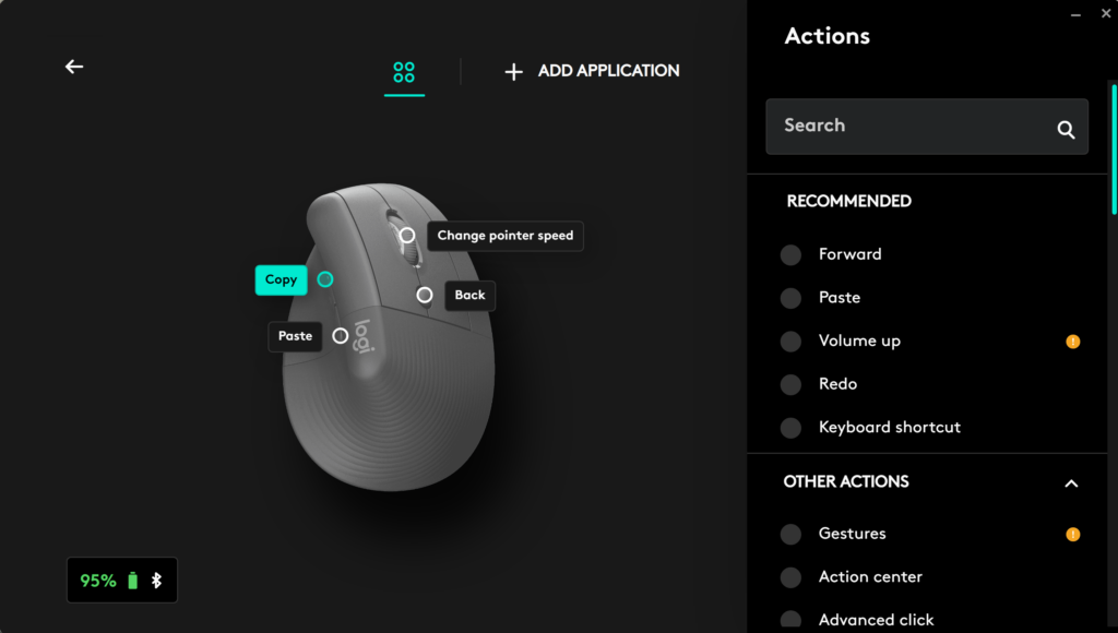 Aplicación Logi Options que muestra la personalización del botón