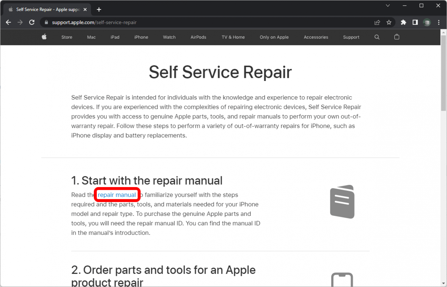 Chrome en la página web de Apple Self Service Repair con el enlace a 