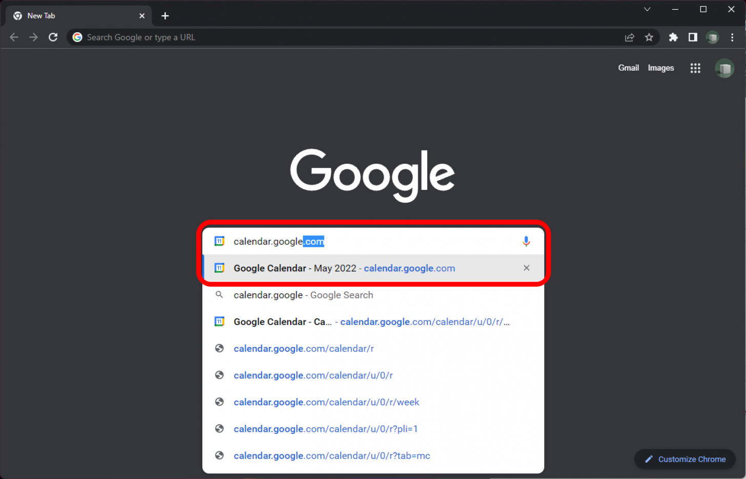 Chrome con la dirección de Google Calendar en la barra de direcciones marcada.