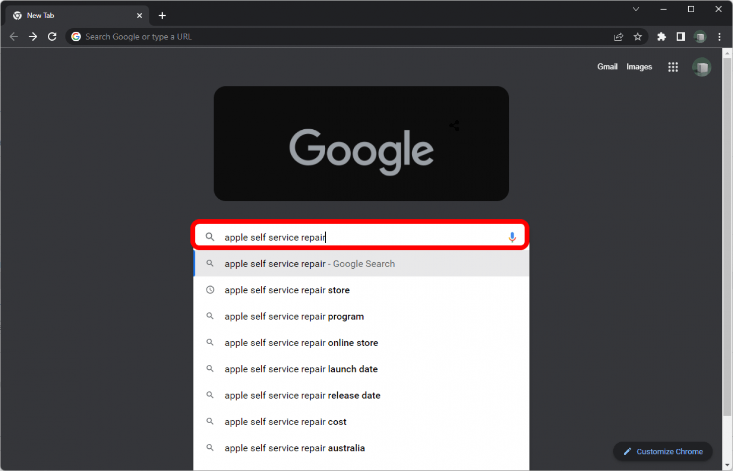 Chrome con una búsqueda de 
