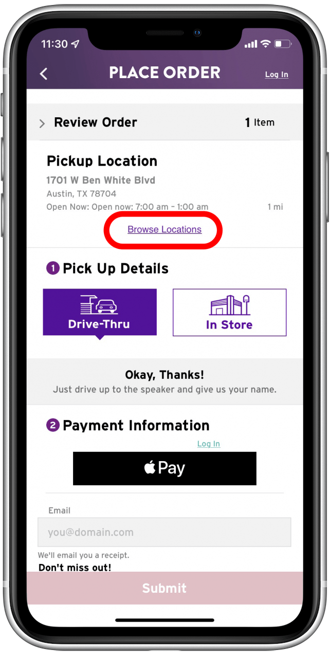Presiona Explorar ubicaciones Taco Bell Apple Pay App