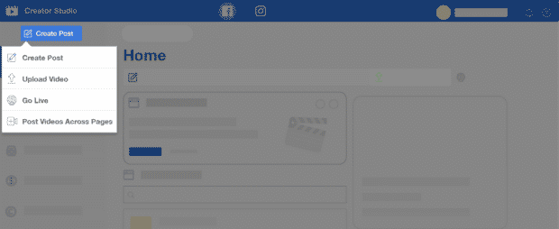 Facebook Creator Studio, una herramienta de Instagram para PC, que muestra opciones para crear publicaciones, cargar videos, transmitir en vivo y publicar videos en varias páginas