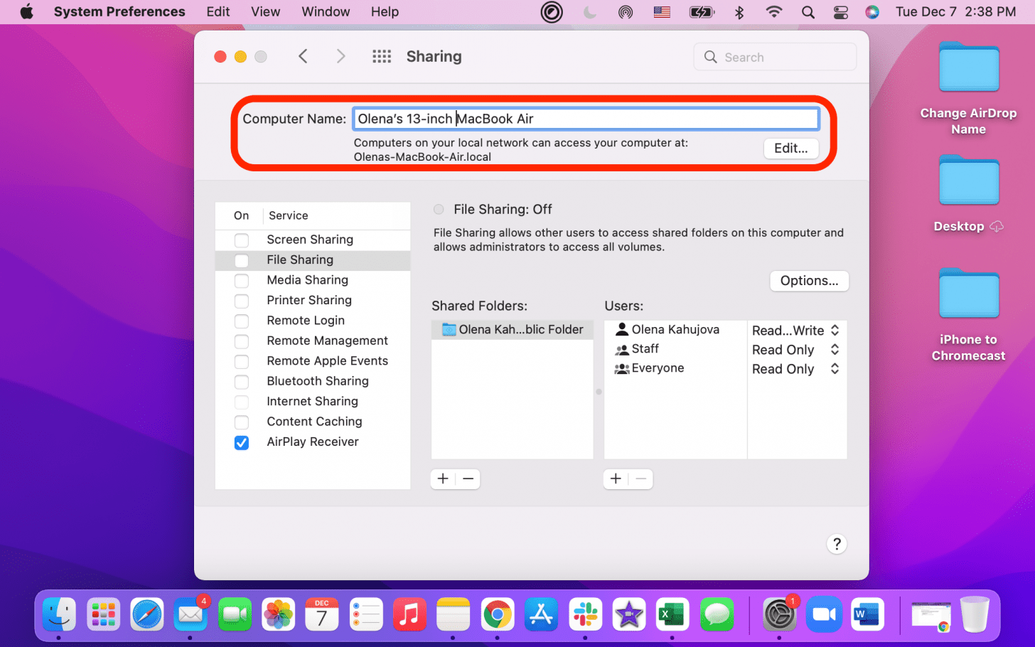 Junto a Nombre de la computadora, puede agregar un nuevo nombre de DropBox para su Mac.