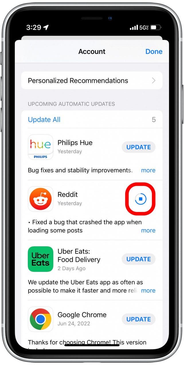 La aplicación comenzará a actualizarse.  Puede tocar el icono de parada para cancelar la actualización.