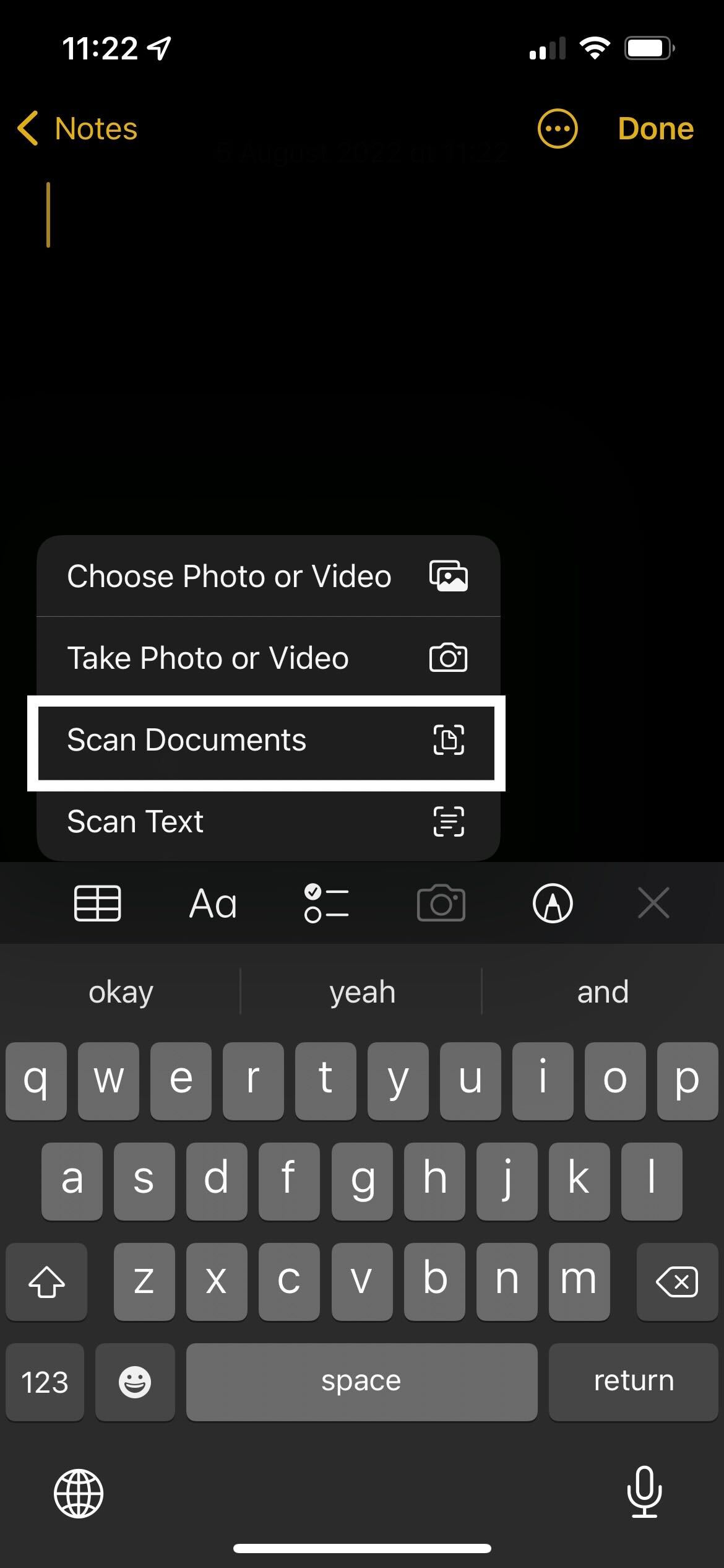 El botón Escanear documentos en la aplicación Notas