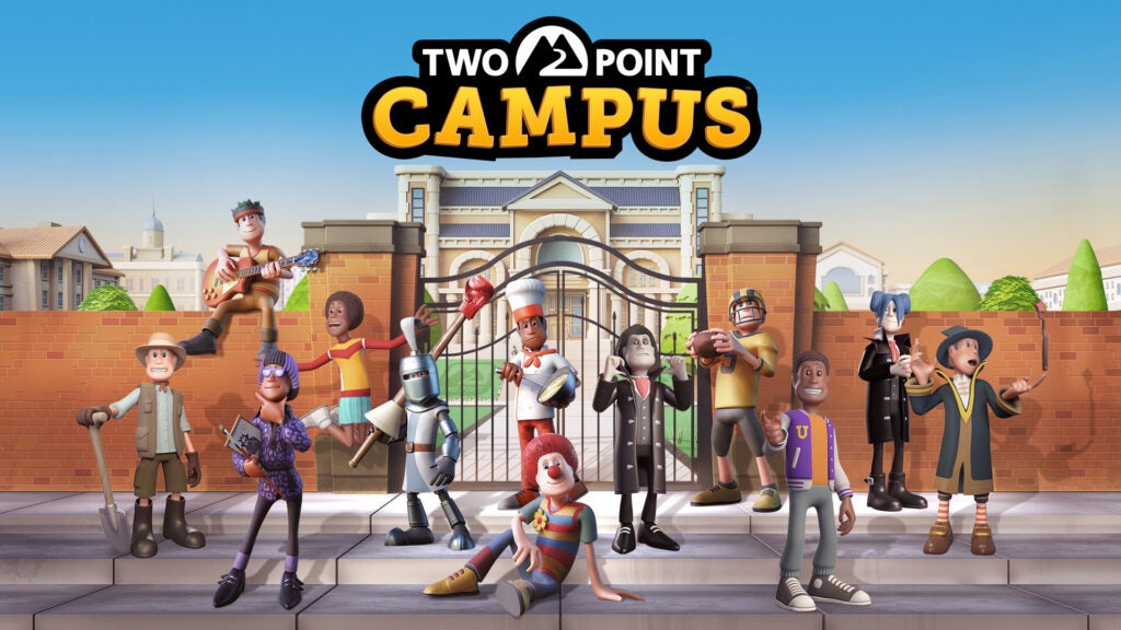 El arte clave de Two Point Campus, que muestra la apertura de la universidad y algunos de los personajes del juego.