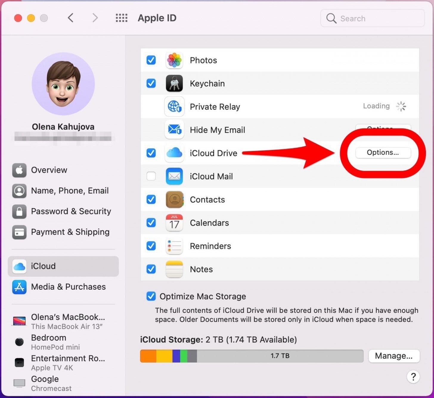 Haga clic en el botón Opciones: cómo hacer una copia de seguridad de macbook en icloud