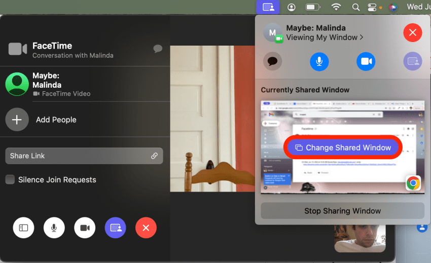 Si desea cambiar la ventana que está compartiendo, en cualquier momento puede hacer clic en Cambiar ventana compartida.