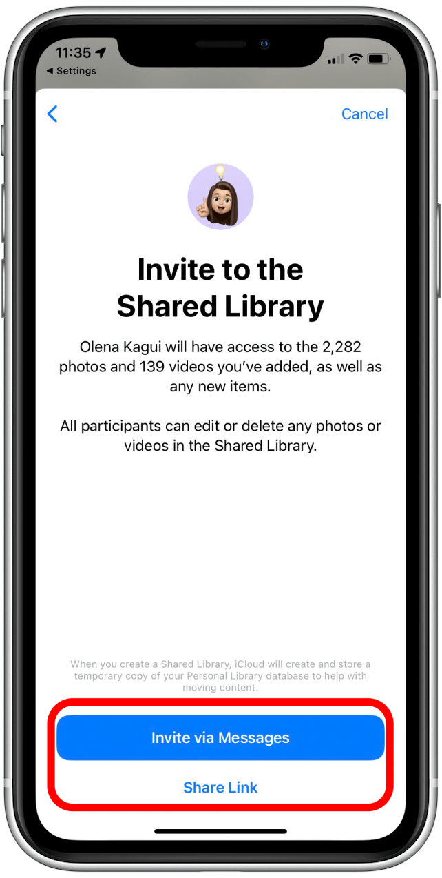 Invitar contactos a la biblioteca de fotos compartida