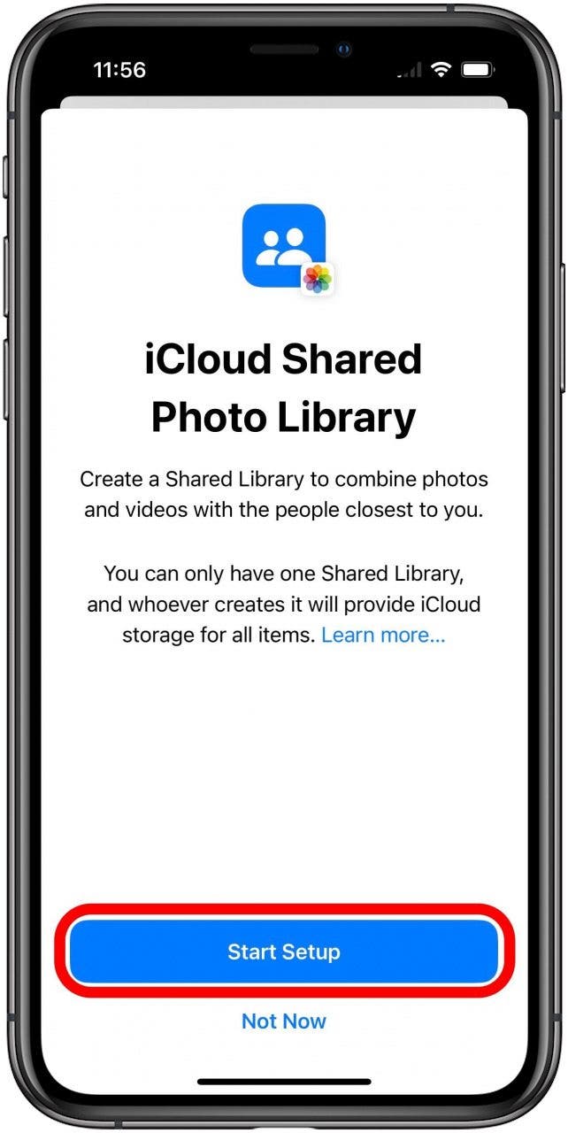 Primera pantalla de configuración de la Biblioteca de fotos compartidas de iCloud con el botón Iniciar configuración marcado.