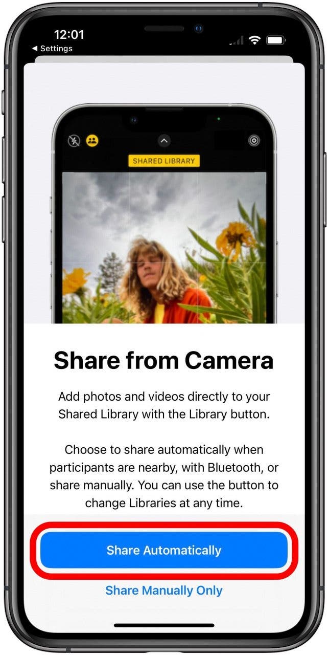 Biblioteca de fotos compartida en la pantalla de configuración Compartir desde la cámara con el botón Compartir automáticamente marcado.