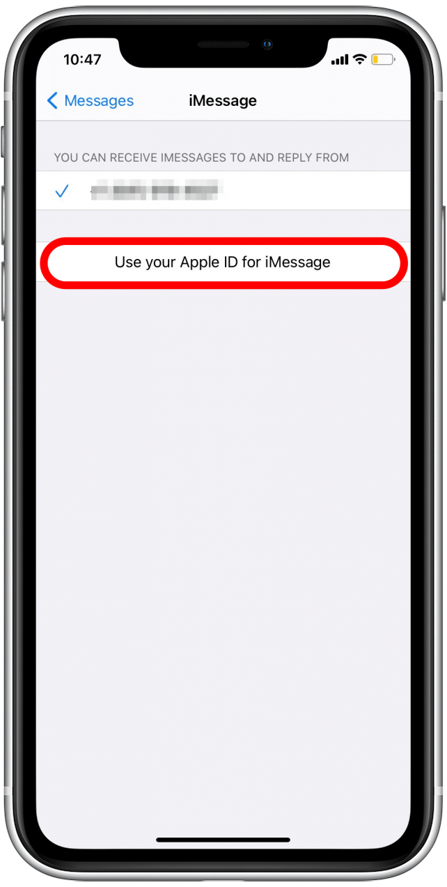Toque Usar su ID de Apple para mensajes para corregir el error de iMessage