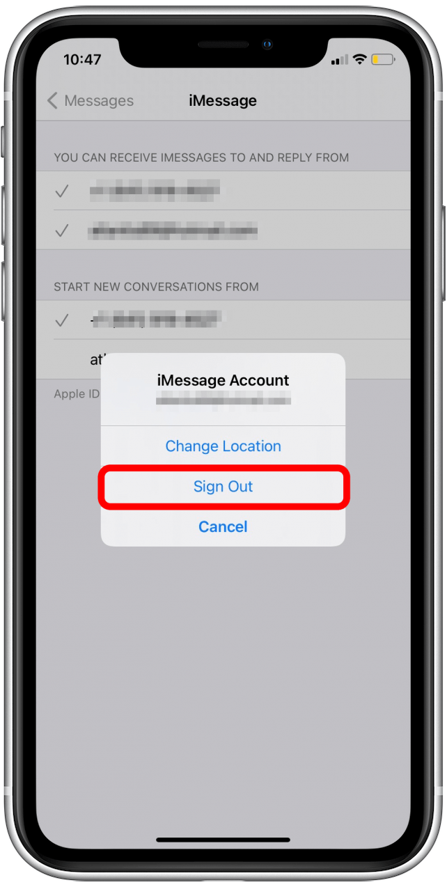 Toque Cerrar sesión para restablecer la ID de Apple y el error de activación de iMessage
