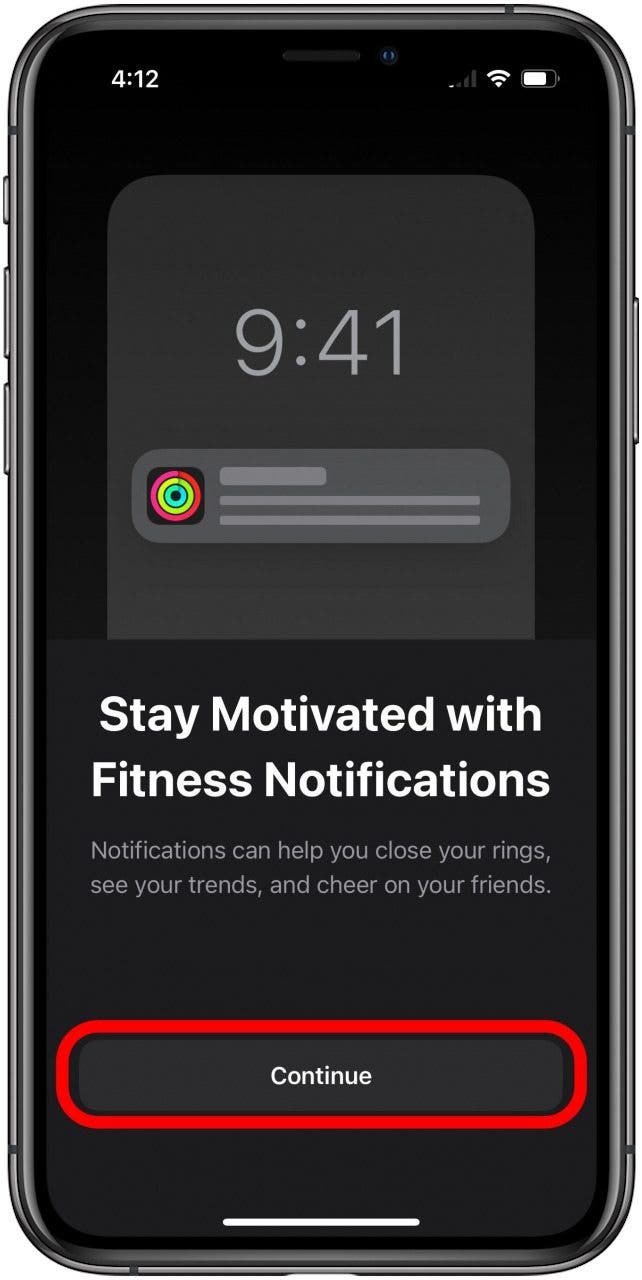 Pantalla de configuración de fitness con información sobre notificaciones y el botón Continuar marcado.