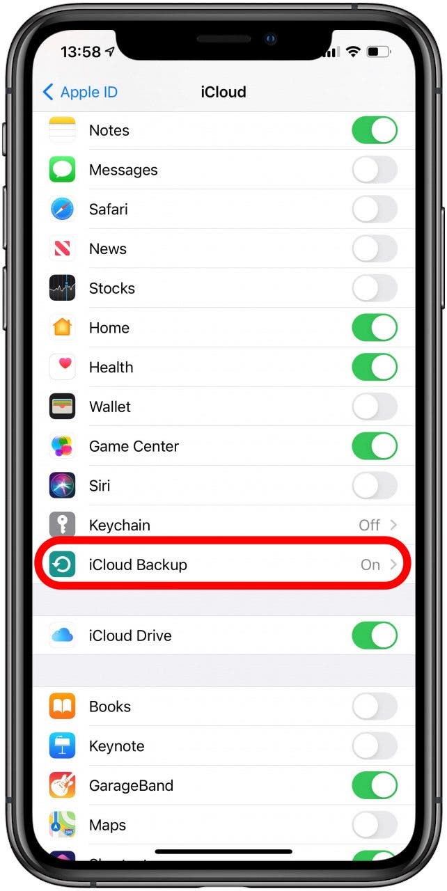 Toque la copia de seguridad de iCloud para hacer una copia de seguridad de su iPhone