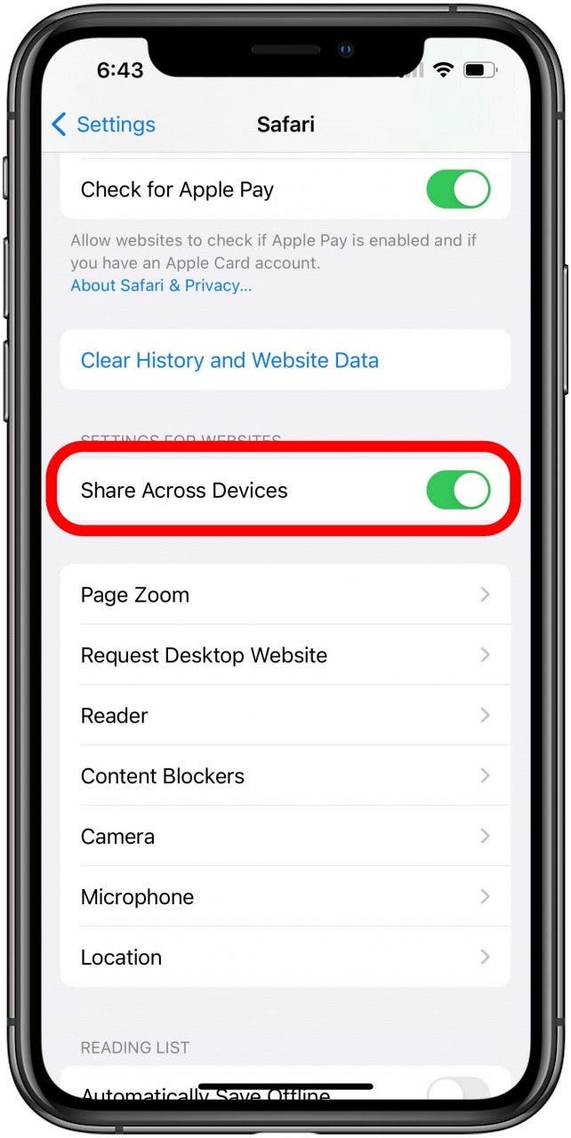 Configuración de Safari con la opción Compartir entre dispositivos marcada.