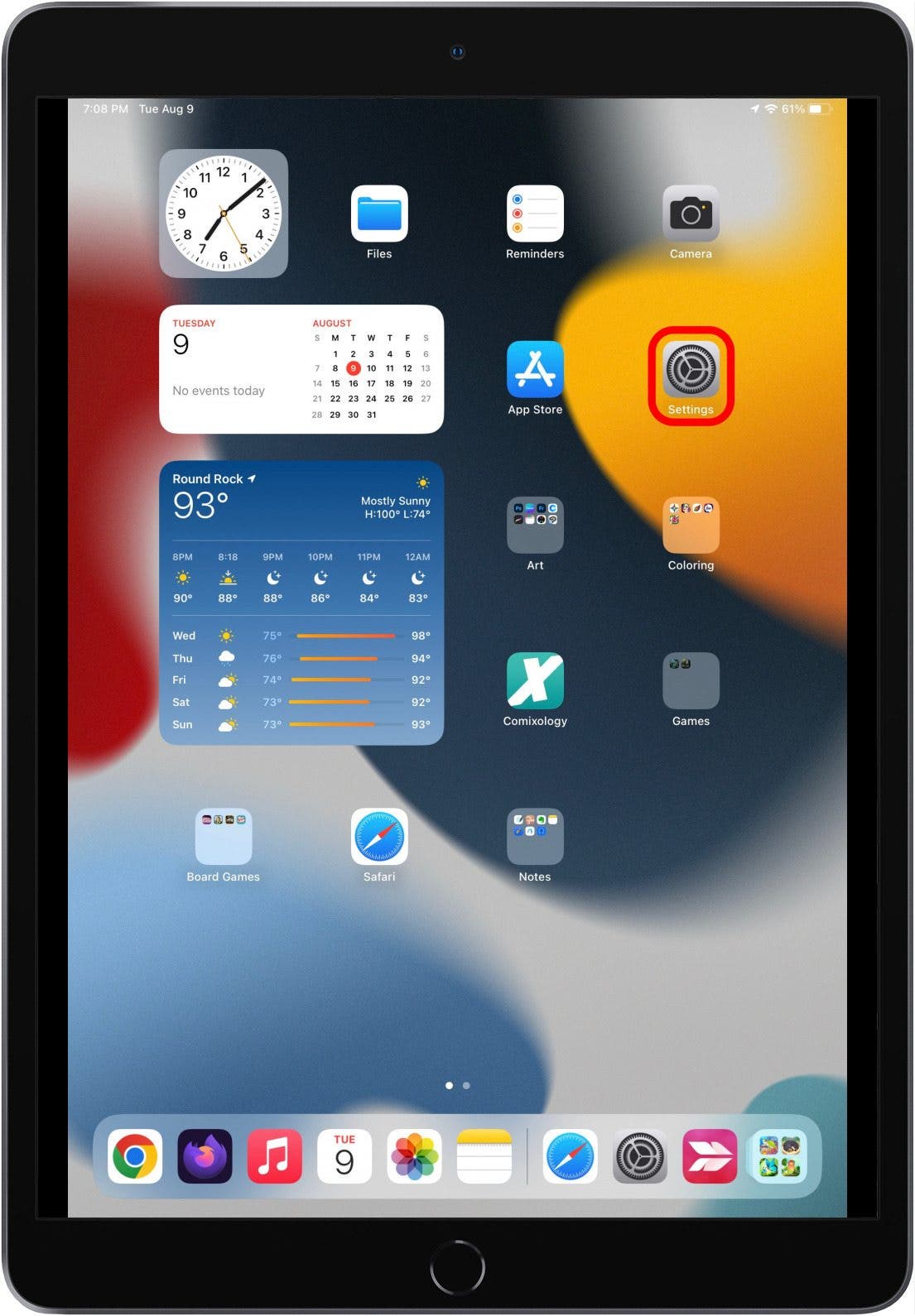Pantalla de inicio del iPad con el ícono de la aplicación Configuración marcado.