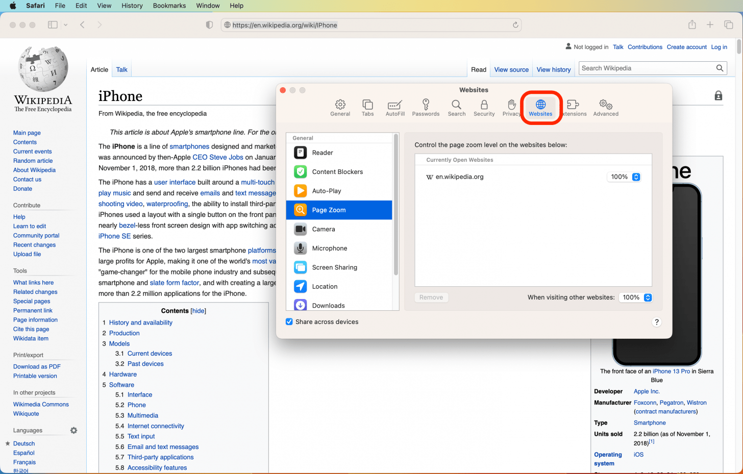 Safari en MacOS con la ventana Configuración abierta en la pestaña Sitios web y esa pestaña marcada.