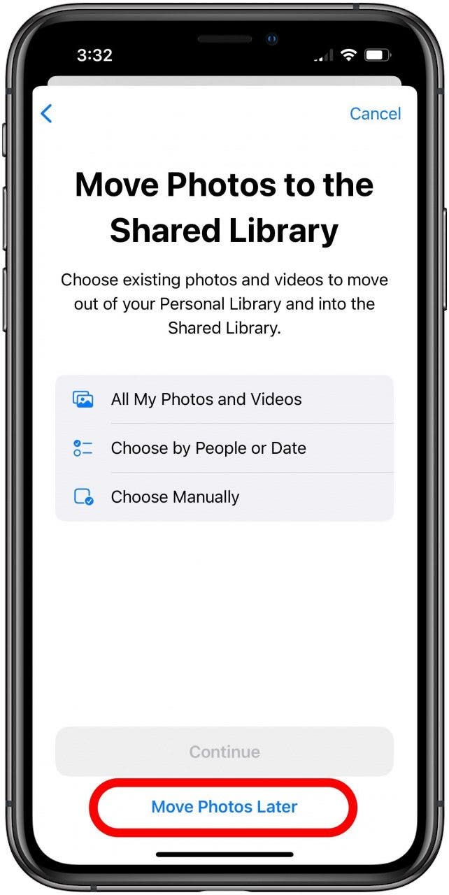 Configuración de la biblioteca de fotos compartida en la pantalla Mover fotos a la biblioteca compartida con el botón Mover fotos más tarde marcado.