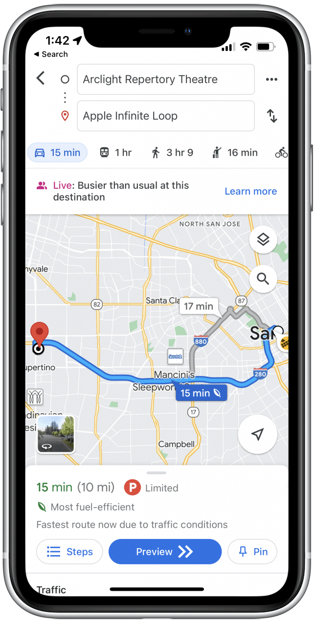 Google Maps te mostrará las rutas más cortas a partir de ahora.  Si desea volver a activar la ruta de bajo consumo de combustible, simplemente siga los pasos anteriores y toque el interruptor nuevamente.