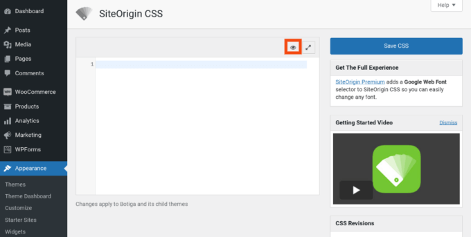 La configuración del complemento CSS de SiteOrigin