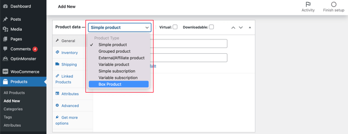 Seleccione 'Producto de caja' en el menú desplegable de datos del producto