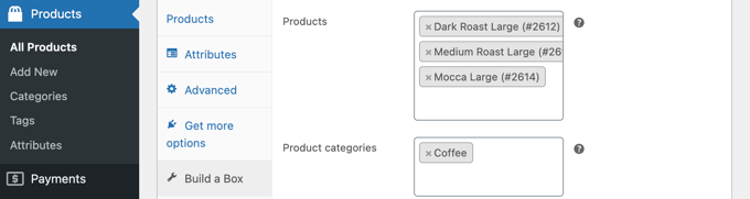 Seleccione los productos o la categoría de productos que se pueden agregar a la caja