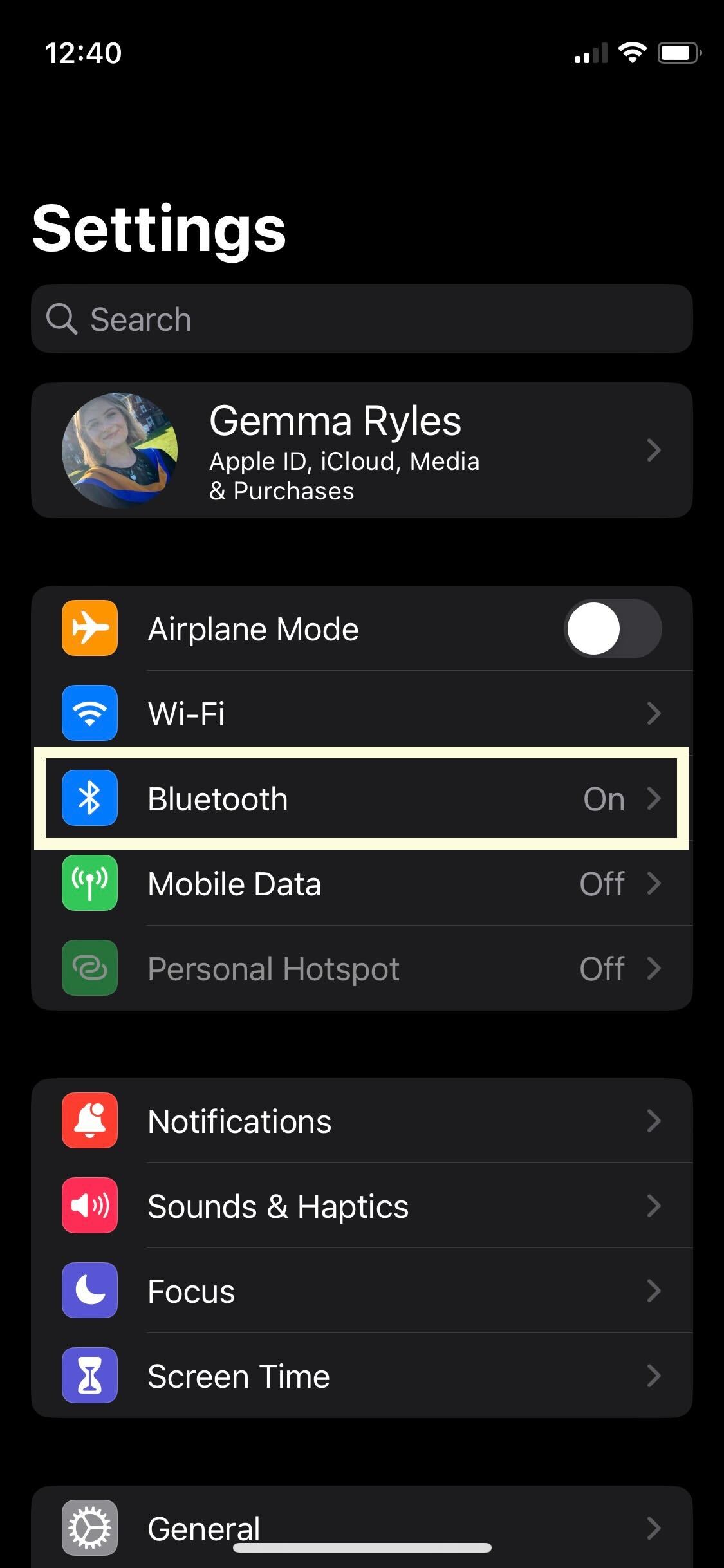 El botón de Bluetooth en el iPhone