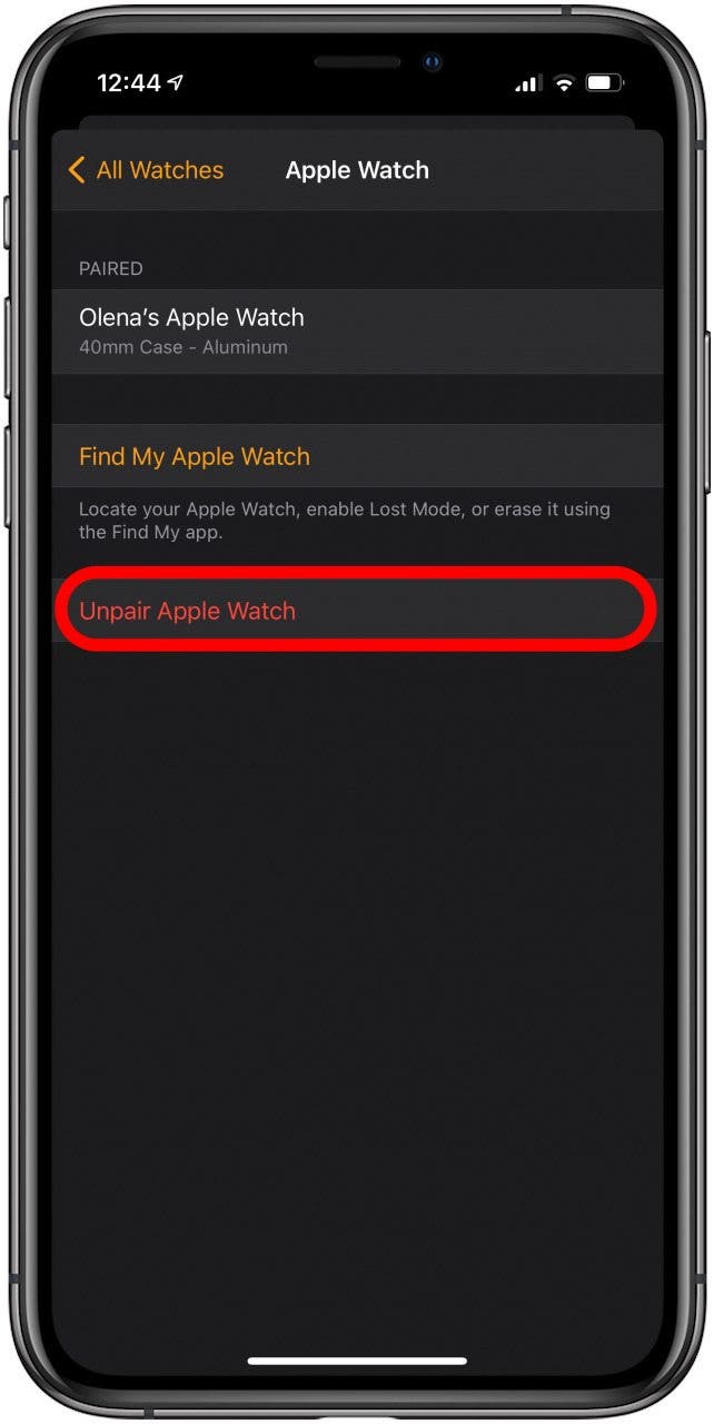 Toque Desvincular Apple Watch para desvincularlo del iPhone