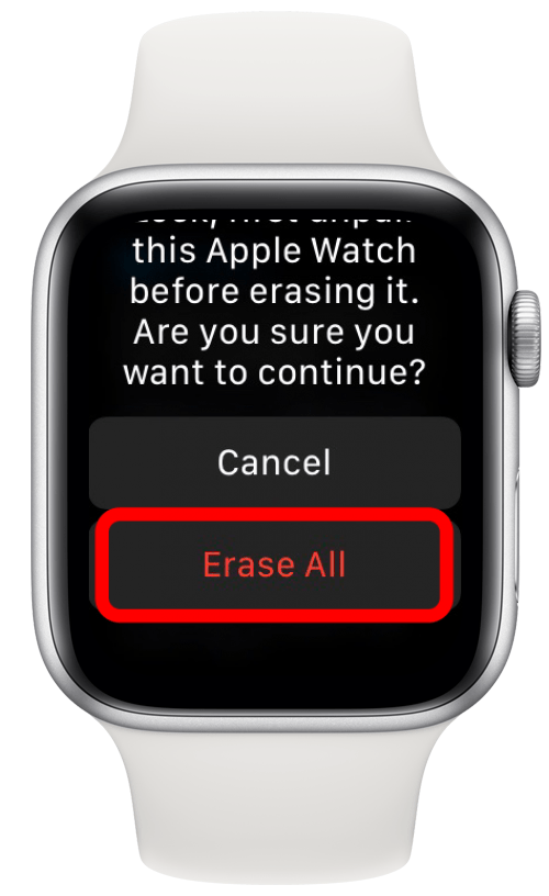 Confirme que desea borrar todo en Apple Watch