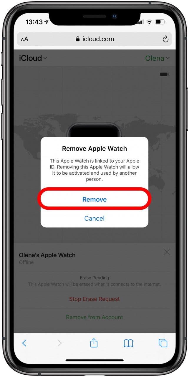 Confirme para eliminar su Apple Watch de iCloud