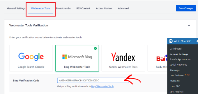 Ingrese el código de verificación de Bing en AIOSEO