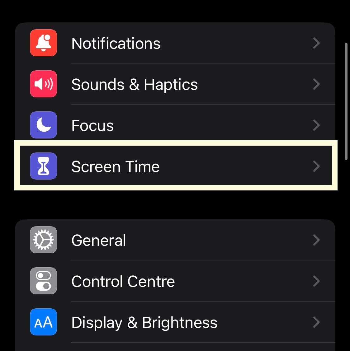 Botón de tiempo de pantalla en iPhone